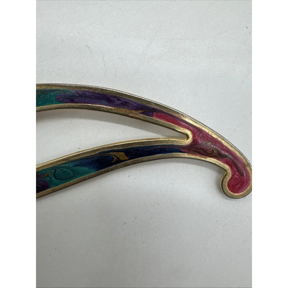 Vintage Paisley Enamel Brooch Gold Tone Pink Teal‎ Purple Teardrop Pin 4